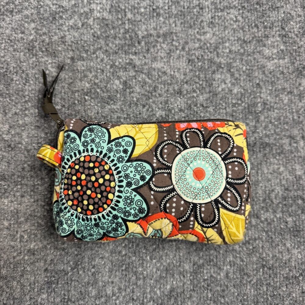 Vera Bradley Quilted Floral Zip Around Wallet Coin Purse Brown Blue Yellow